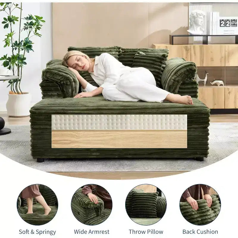 Oversized Chaise sofa Indoor, Comfy Corduroy Lounge Sofa , Wide Armrest Pads & Throw Pillows, Cozy Sleeper Couch for Living Room Apartments