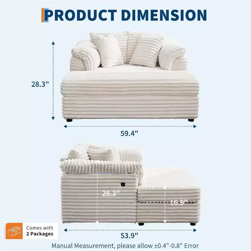 Oversized Chaise sofa Indoor, Comfy Corduroy Lounge Sofa , Wide Armrest Pads & Throw Pillows, Cozy Sleeper Couch for Living Room Apartments