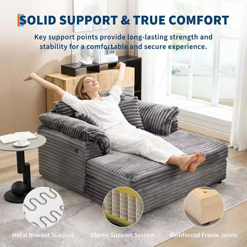 Oversized Chaise sofa Indoor, Comfy Corduroy Lounge Sofa , Wide Armrest Pads & Throw Pillows, Cozy Sleeper Couch for Living Room Apartments