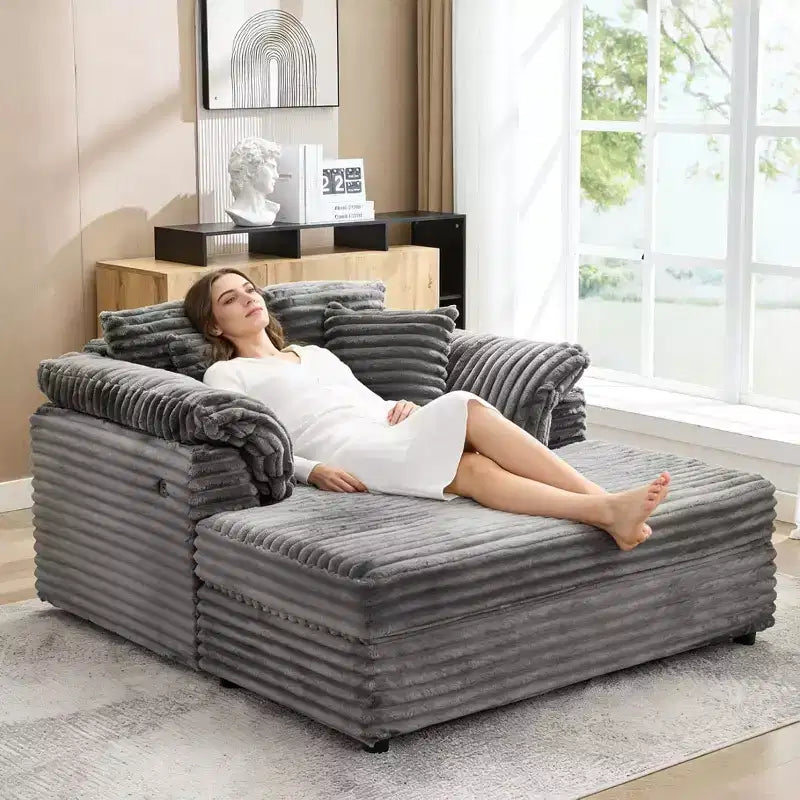 Oversized Chaise sofa Indoor, Comfy Corduroy Lounge Sofa , Wide Armrest Pads & Throw Pillows, Cozy Sleeper Couch for Living Room Apartments