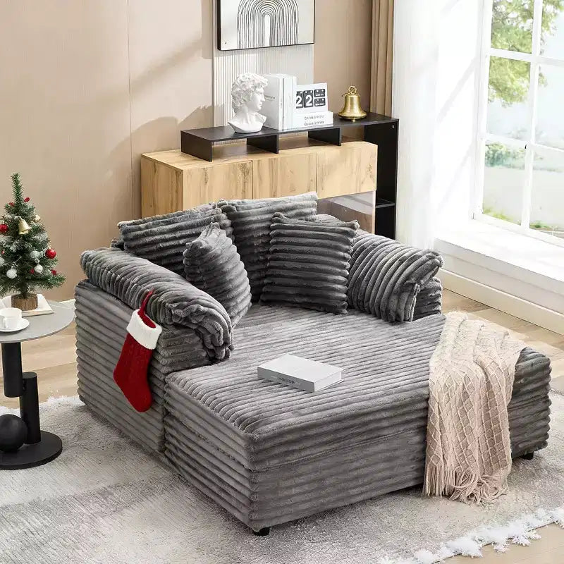 Oversized Chaise sofa Indoor, Comfy Corduroy Lounge Sofa , Wide Armrest Pads & Throw Pillows, Cozy Sleeper Couch for Living Room Apartments