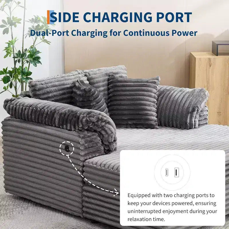 Oversized Chaise sofa Indoor, Comfy Corduroy Lounge Sofa , Wide Armrest Pads & Throw Pillows, Cozy Sleeper Couch for Living Room Apartments