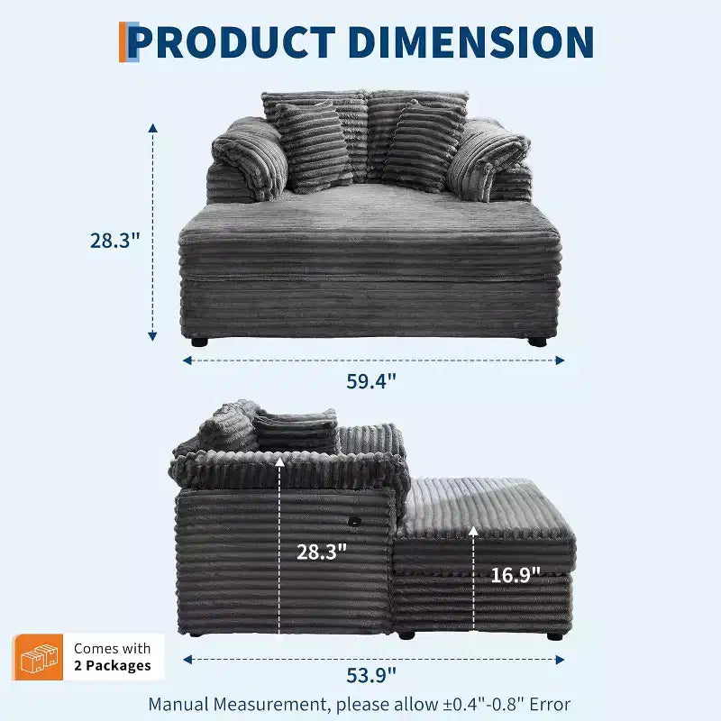 Oversized Chaise sofa Indoor, Comfy Corduroy Lounge Sofa , Wide Armrest Pads & Throw Pillows, Cozy Sleeper Couch for Living Room Apartments