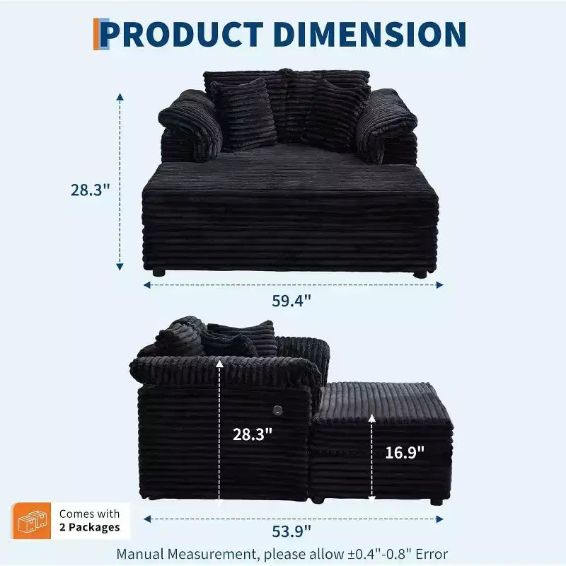 Oversized Chaise sofa Indoor, Comfy Corduroy Lounge Sofa , Wide Armrest Pads & Throw Pillows, Cozy Sleeper Couch for Living Room Apartments