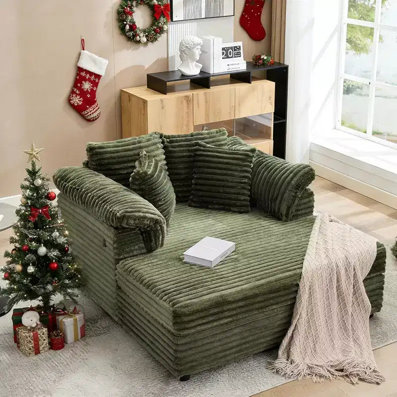 Oversized Chaise sofa Indoor, Comfy Corduroy Lounge Sofa , Wide Armrest Pads & Throw Pillows, Cozy Sleeper Couch for Living Room Apartments