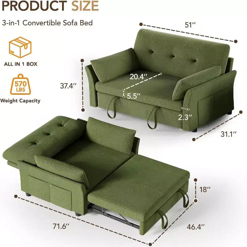 Dyonery Sleeper Sofa with Pull-Out Bed,3-in-1 Chenille Convertible Loveseat Sofa Bed,Reclining Backrest and Side Pocket,Tool-Free Assembly