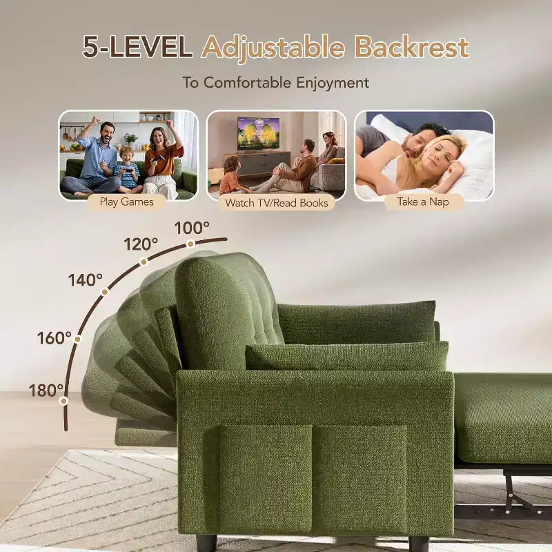 Dyonery Sleeper Sofa with Pull-Out Bed,3-in-1 Chenille Convertible Loveseat Sofa Bed,Reclining Backrest and Side Pocket,Tool-Free Assembly