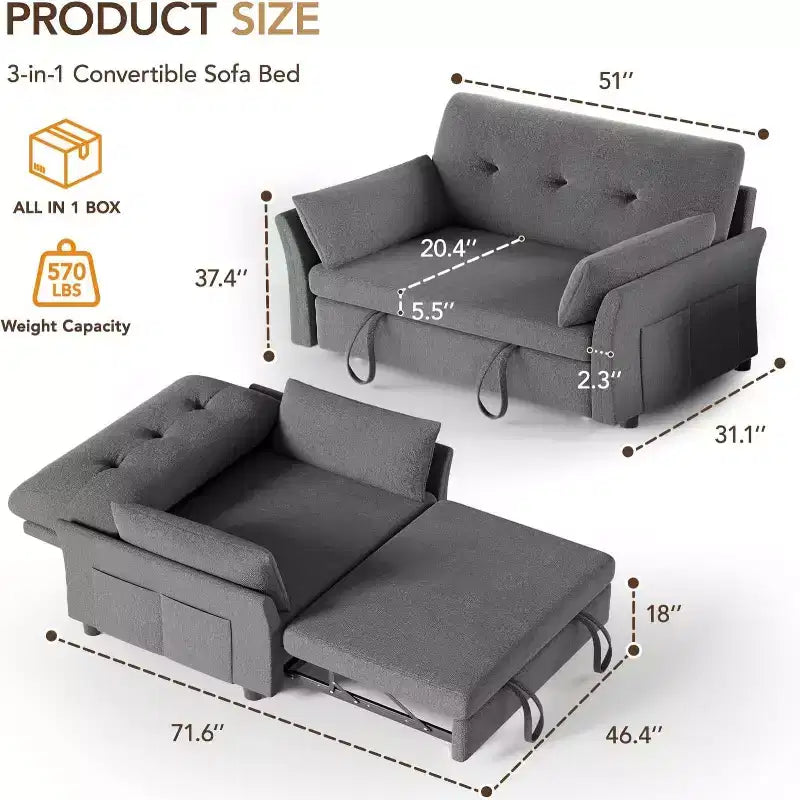 Dyonery Sleeper Sofa with Pull-Out Bed,3-in-1 Chenille Convertible Loveseat Sofa Bed,Reclining Backrest and Side Pocket,Tool-Free Assembly