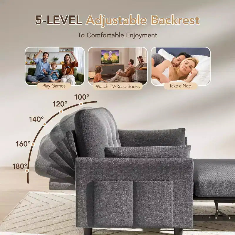 Dyonery Sleeper Sofa with Pull-Out Bed,3-in-1 Chenille Convertible Loveseat Sofa Bed,Reclining Backrest and Side Pocket,Tool-Free Assembly