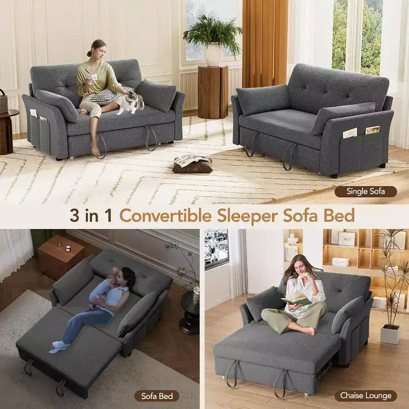 Dyonery Sleeper Sofa with Pull-Out Bed,3-in-1 Chenille Convertible Loveseat Sofa Bed,Reclining Backrest and Side Pocket,Tool-Free Assembly