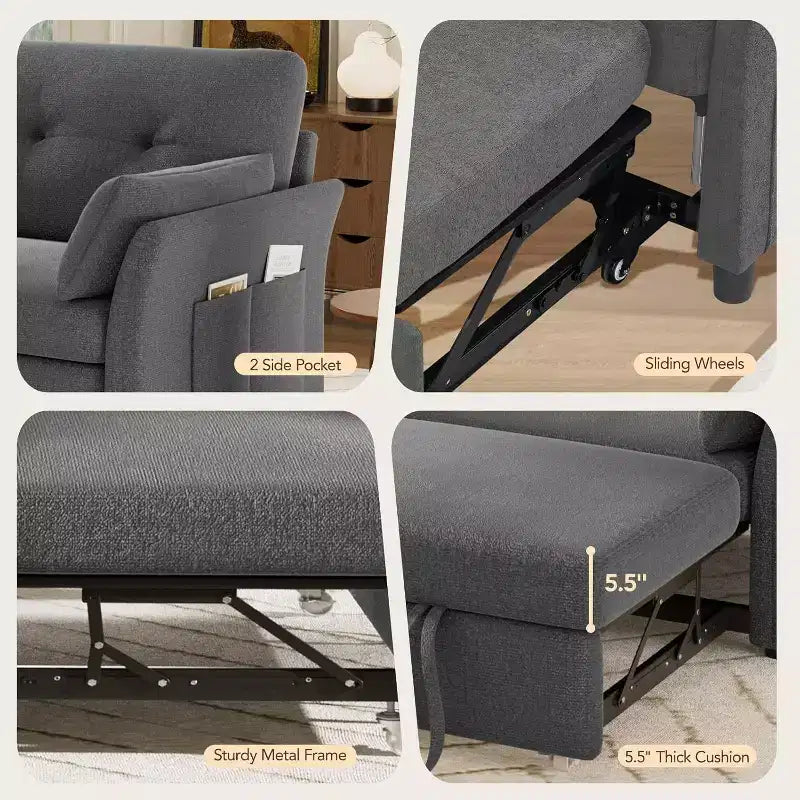 Dyonery Sleeper Sofa with Pull-Out Bed,3-in-1 Chenille Convertible Loveseat Sofa Bed,Reclining Backrest and Side Pocket,Tool-Free Assembly