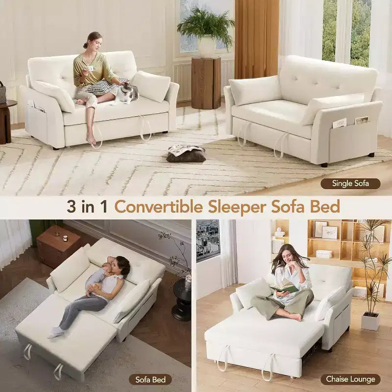 Dyonery Sleeper Sofa with Pull-Out Bed,3-in-1 Chenille Convertible Loveseat Sofa Bed,Reclining Backrest and Side Pocket,Tool-Free Assembly