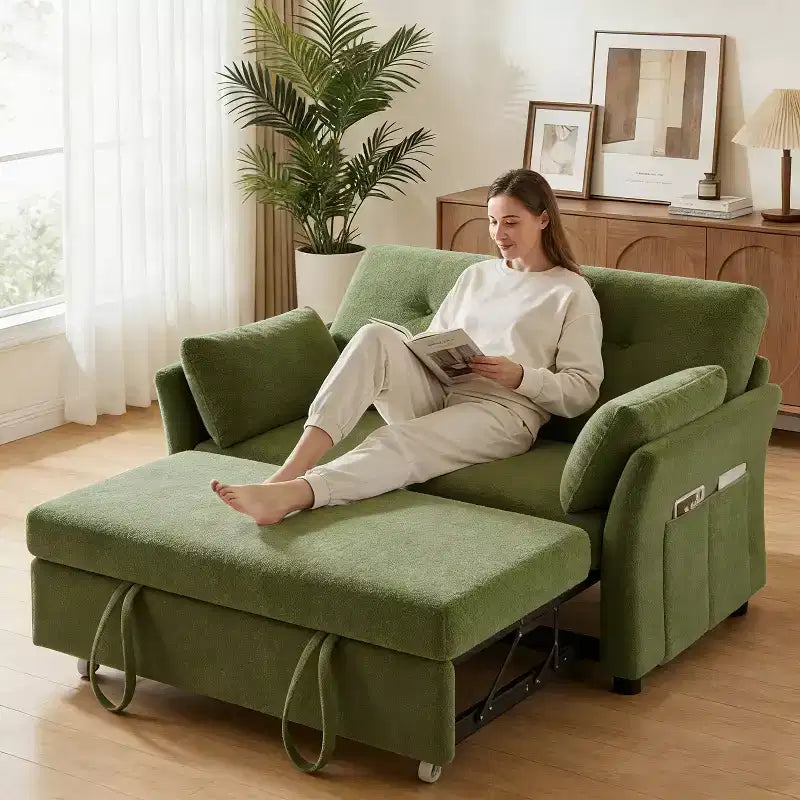 Dyonery Sleeper Sofa with Pull-Out Bed,3-in-1 Chenille Convertible Loveseat Sofa Bed,Reclining Backrest and Side Pocket,Tool-Free Assembly