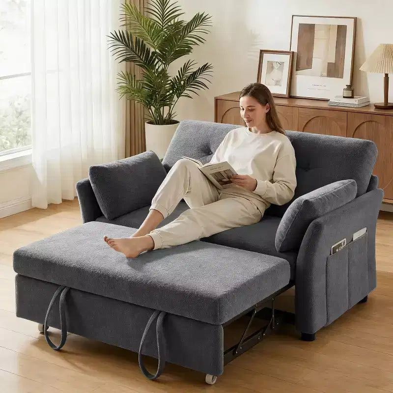 Dyonery Sleeper Sofa with Pull-Out Bed,3-in-1 Chenille Convertible Loveseat Sofa Bed,Reclining Backrest and Side Pocket,Tool-Free Assembly