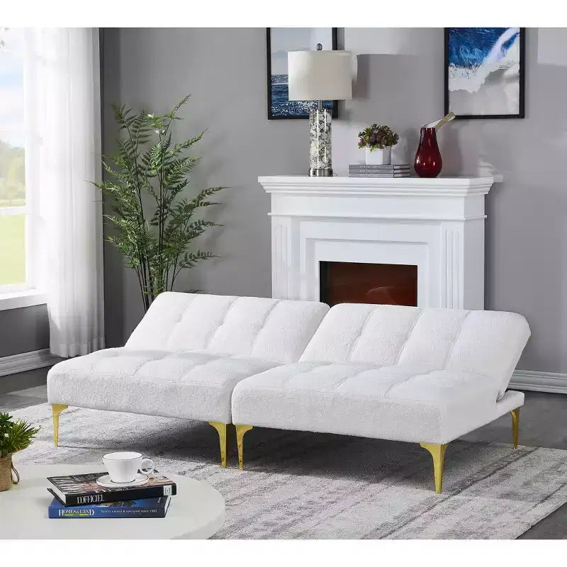 MAYEERTY Canapé Futon Confortable en Tissu Teddy avec Pieds en Métal Doré, Mousse et Ressorts pour Salon Blanc