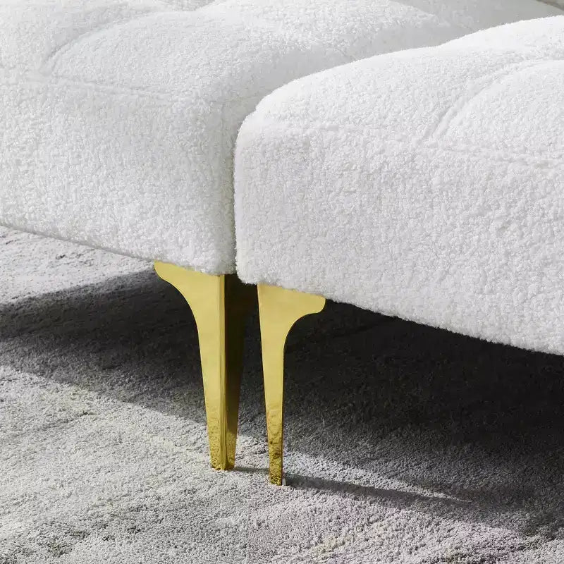 MAYEERTY Canapé Futon Confortable en Tissu Teddy avec Pieds en Métal Doré, Mousse et Ressorts pour Salon Blanc