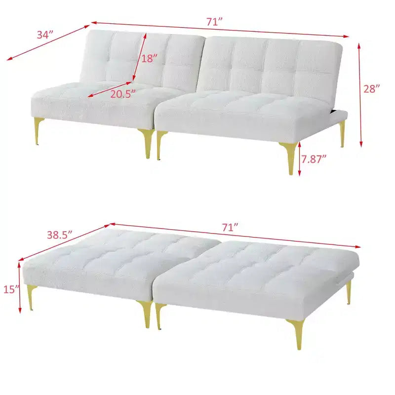 MAYEERTY Canapé Futon Confortable en Tissu Teddy avec Pieds en Métal Doré, Mousse et Ressorts pour Salon Blanc