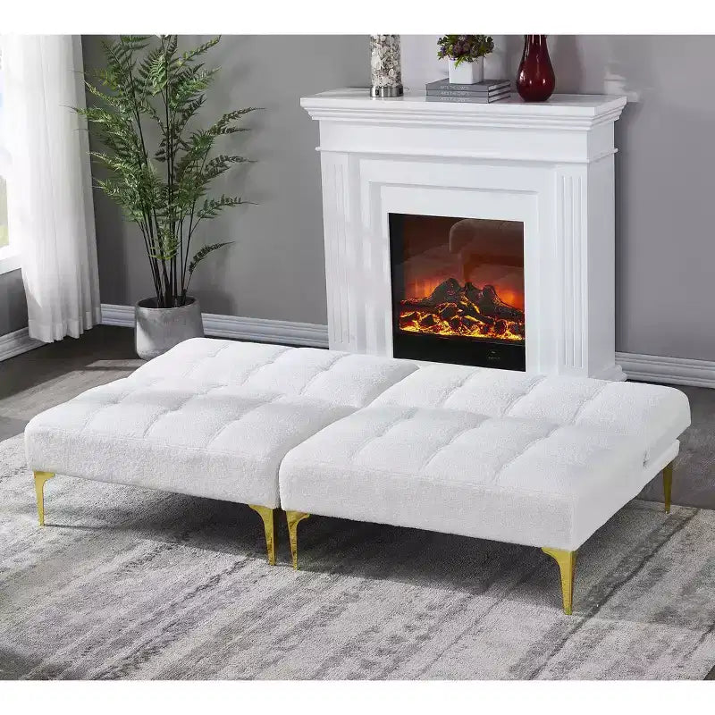 MAYEERTY Canapé Futon Confortable en Tissu Teddy avec Pieds en Métal Doré, Mousse et Ressorts pour Salon Blanc