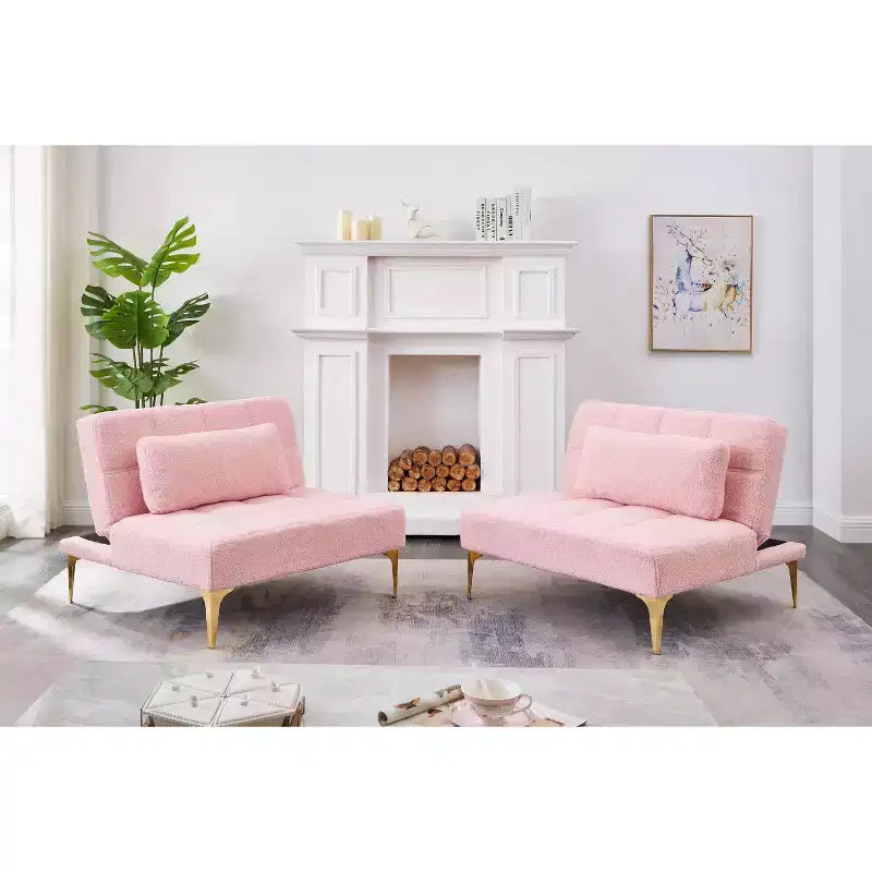MAYEERTY Canapé-futon confortable en tissu Teddy avec pieds en métal doré, mousse et ressorts pour salon rose