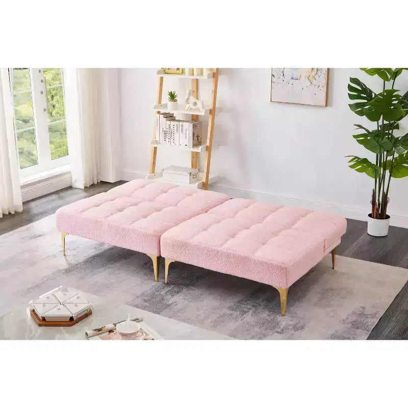 MAYEERTY Canapé-futon confortable en tissu Teddy avec pieds en métal doré, mousse et ressorts pour salon rose