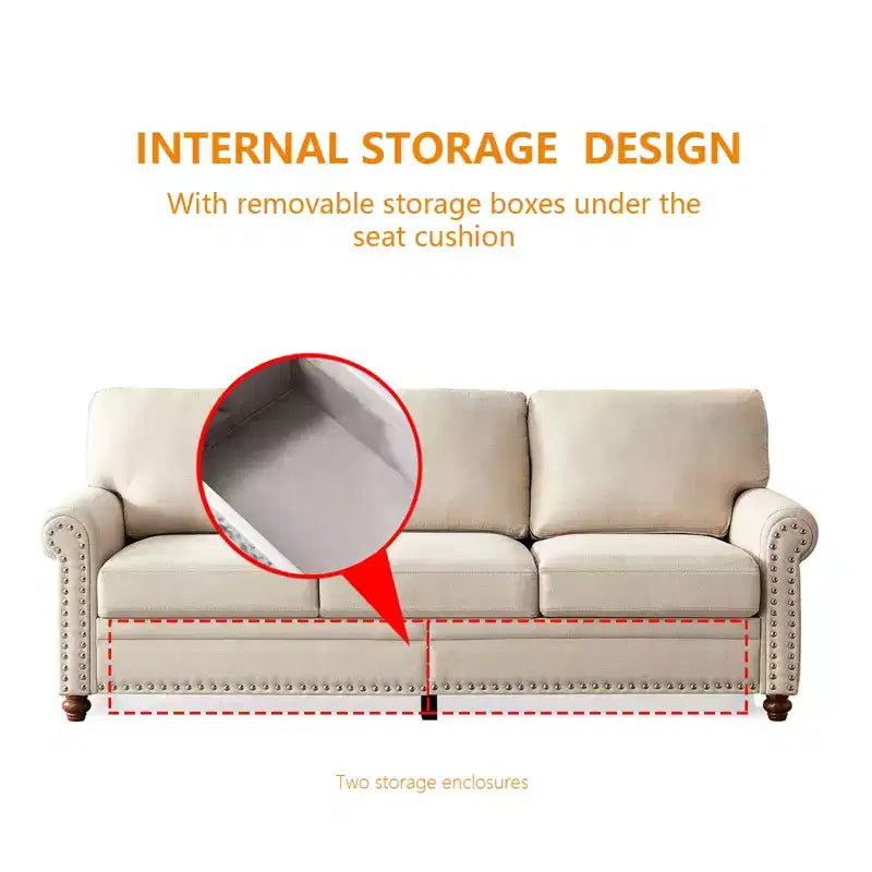 MAYEERTY Solid Wood & Metal Frame Sofa with Silver Nail Accent Under Seat Storage for Living Room Beige
