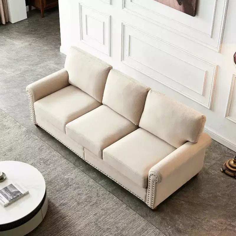 MAYEERTY Solid Wood & Metal Frame Sofa with Silver Nail Accent Under Seat Storage for Living Room Beige