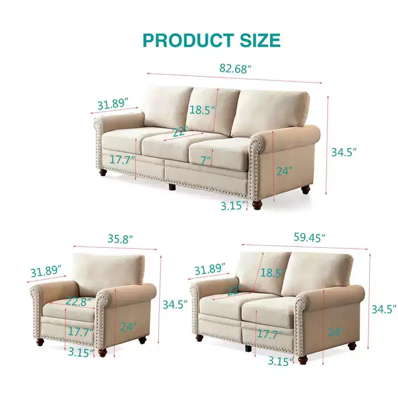 MAYEERTY Solid Wood & Metal Frame Sofa with Silver Nail Accent Under Seat Storage for Living Room Beige