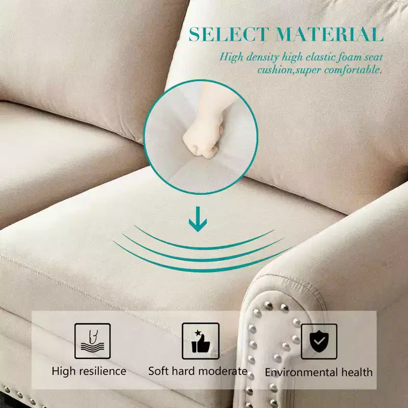 MAYEERTY Solid Wood & Metal Frame Sofa with Silver Nail Accent Under Seat Storage for Living Room Beige
