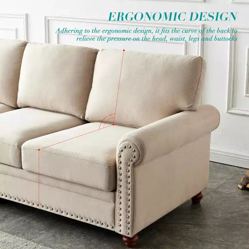 MAYEERTY Solid Wood & Metal Frame Sofa with Silver Nail Accent Under Seat Storage for Living Room Beige