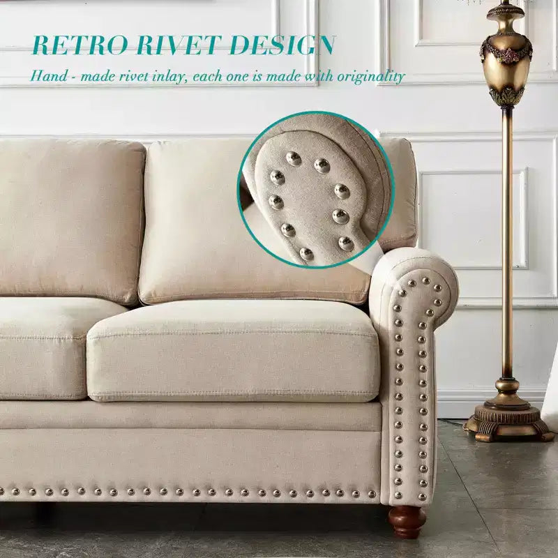 MAYEERTY Solid Wood & Metal Frame Sofa with Silver Nail Accent Under Seat Storage for Living Room Beige
