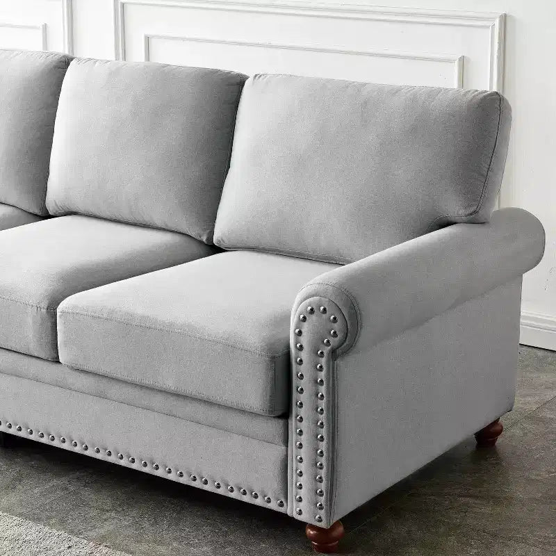 MAYEERTY Canapé en bois massif et métal avec clous décoratifs argentés et rangement sous l'assise pour salon, gris