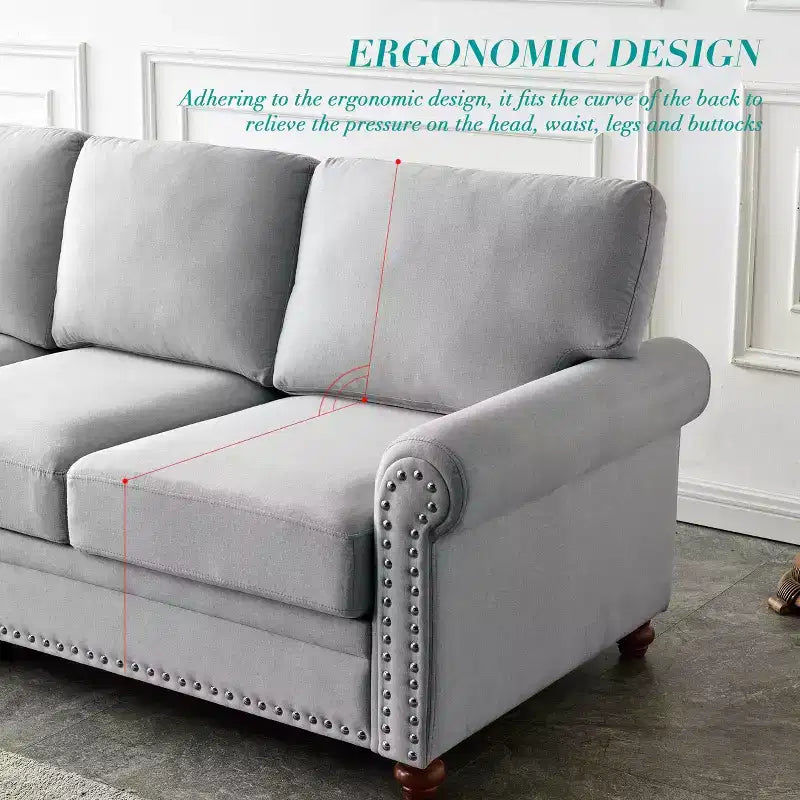 MAYEERTY Canapé en bois massif et métal avec clous décoratifs argentés et rangement sous l'assise pour salon, gris