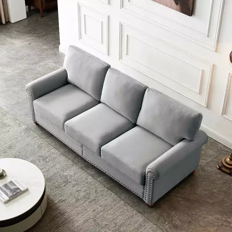 MAYEERTY Canapé en bois massif et métal avec clous décoratifs argentés et rangement sous l'assise pour salon, gris