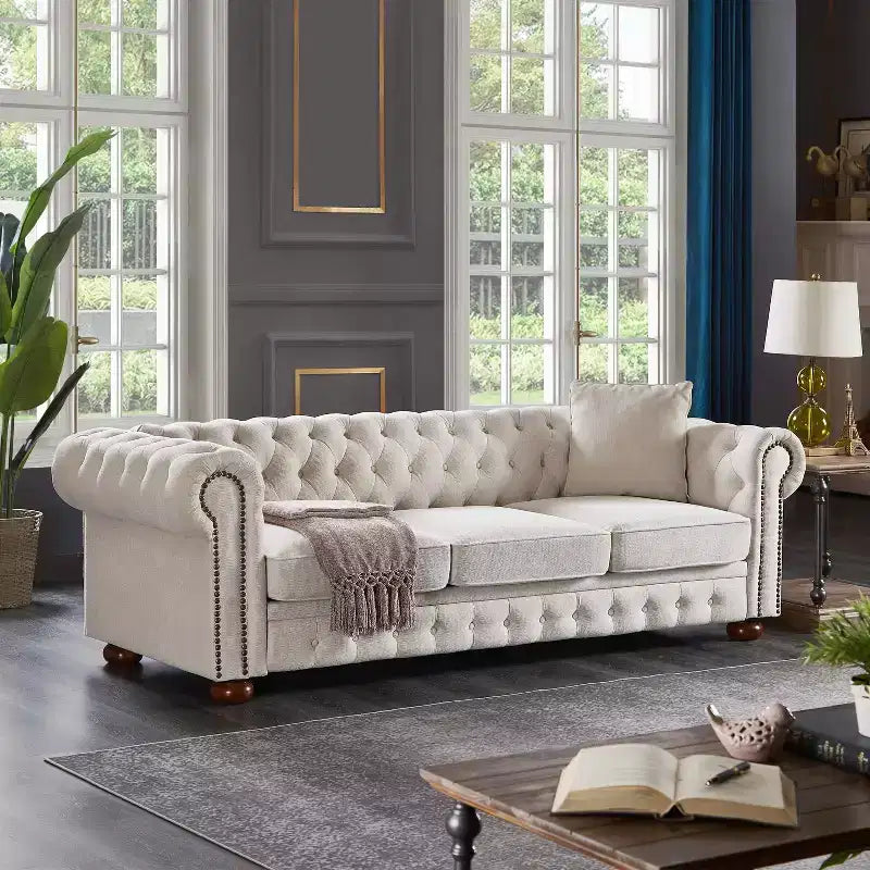 MAYEERTY Canapé en bois massif et métal avec tissu ligné, clous en bronze et pieds en bois massif pour salon ou bureau, beige