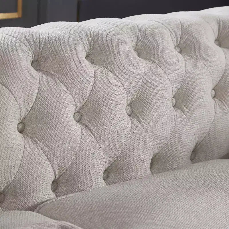MAYEERTY Canapé en bois massif et métal avec tissu ligné, clous en bronze et pieds en bois massif pour salon ou bureau, beige