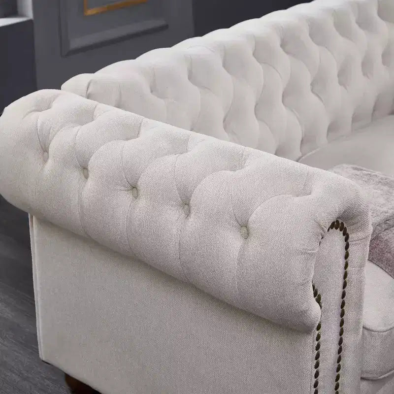 MAYEERTY Canapé en bois massif et métal avec tissu ligné, clous en bronze et pieds en bois massif pour salon ou bureau, beige