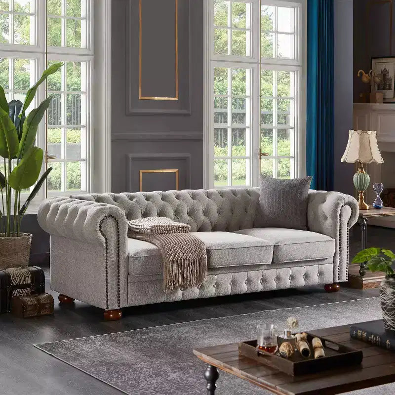 Canapé MAYEERTY avec structure en bois massif et métal, revêtement en tissu ligné, clous bronze et pieds en bois massif pour salon ou bureau Gris foncé