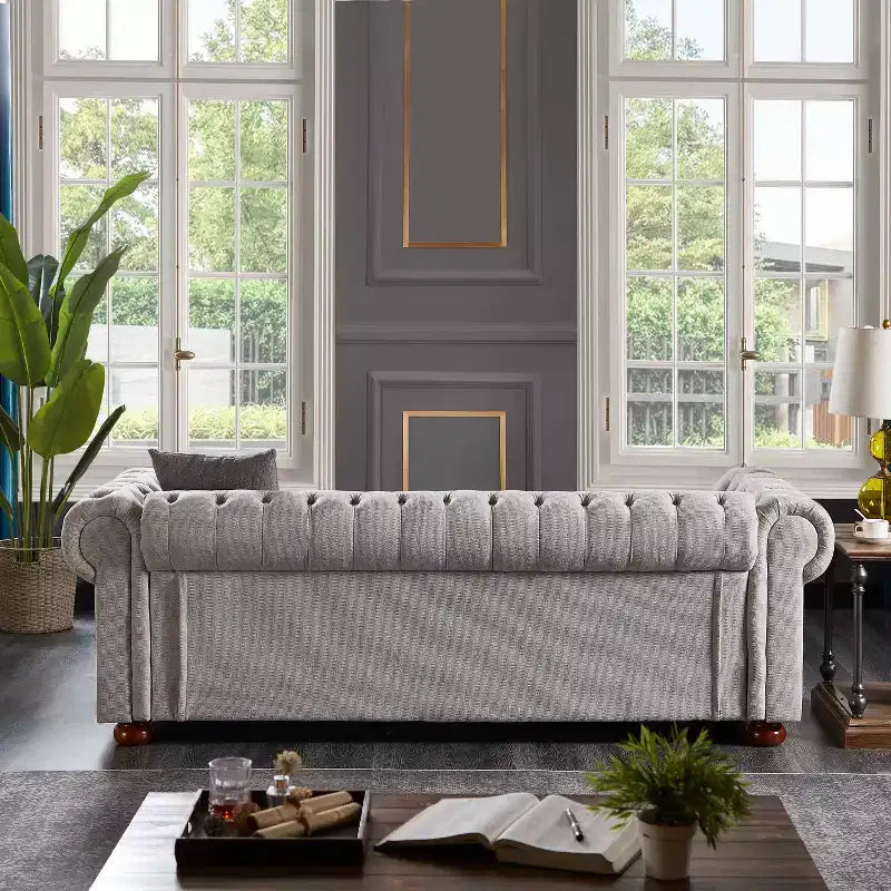 Canapé MAYEERTY avec structure en bois massif et métal, revêtement en tissu ligné, clous bronze et pieds en bois massif pour salon ou bureau Gris foncé