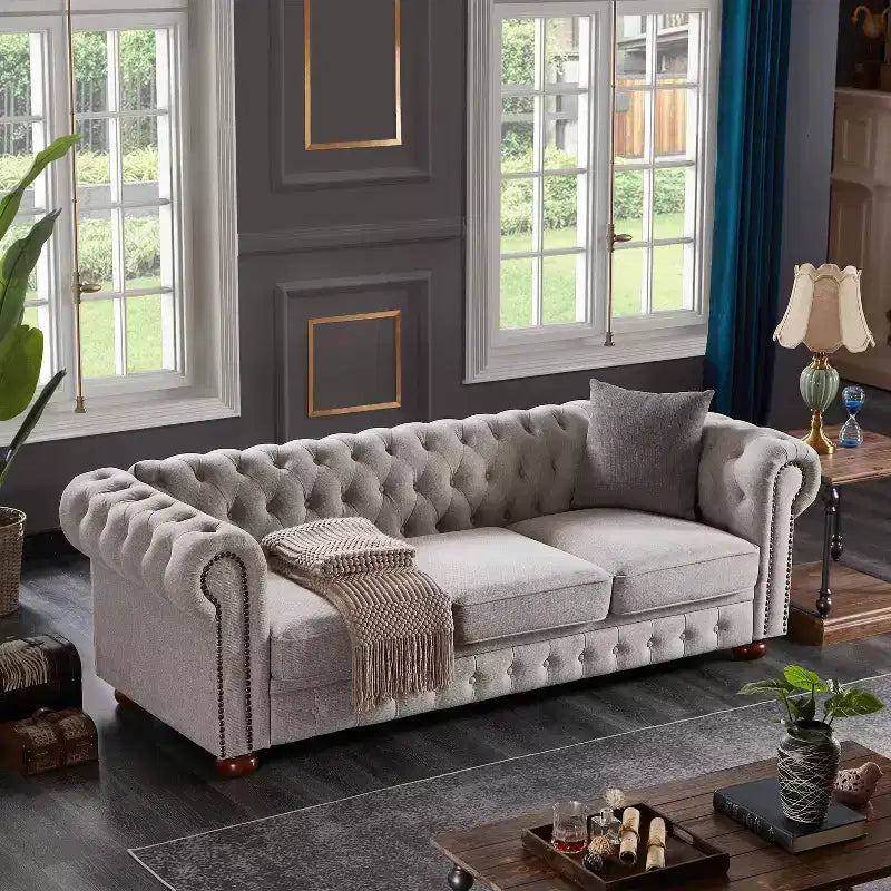 Canapé MAYEERTY avec structure en bois massif et métal, revêtement en tissu ligné, clous bronze et pieds en bois massif pour salon ou bureau Gris foncé