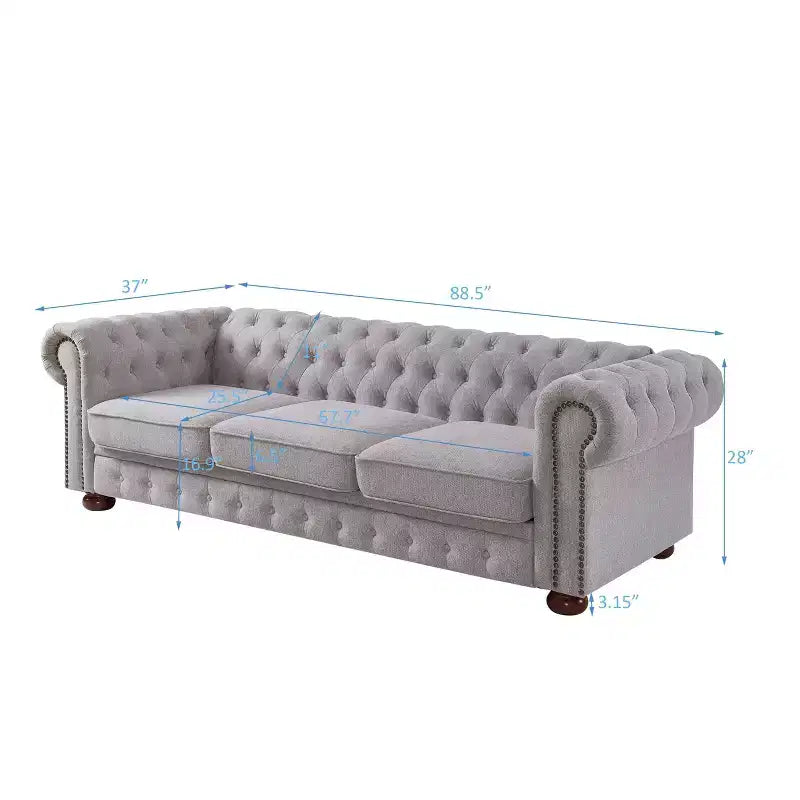 Canapé MAYEERTY avec structure en bois massif et métal, revêtement en tissu ligné, clous bronze et pieds en bois massif pour salon ou bureau Gris foncé