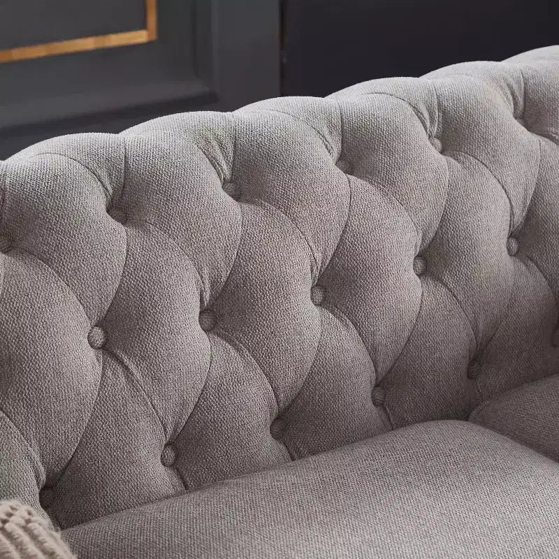 Canapé MAYEERTY avec structure en bois massif et métal, revêtement en tissu ligné, clous bronze et pieds en bois massif pour salon ou bureau Gris foncé