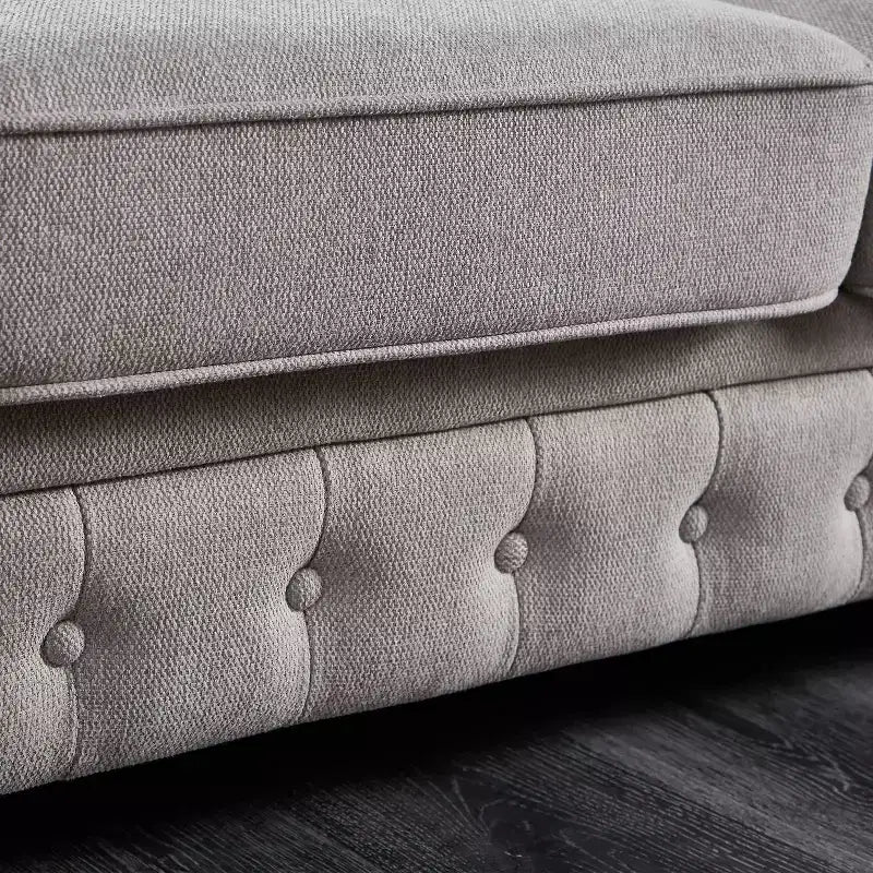 Canapé MAYEERTY avec structure en bois massif et métal, revêtement en tissu ligné, clous bronze et pieds en bois massif pour salon ou bureau Gris foncé