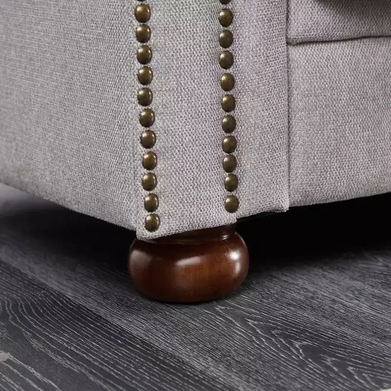 Canapé MAYEERTY avec structure en bois massif et métal, revêtement en tissu ligné, clous bronze et pieds en bois massif pour salon ou bureau Gris foncé