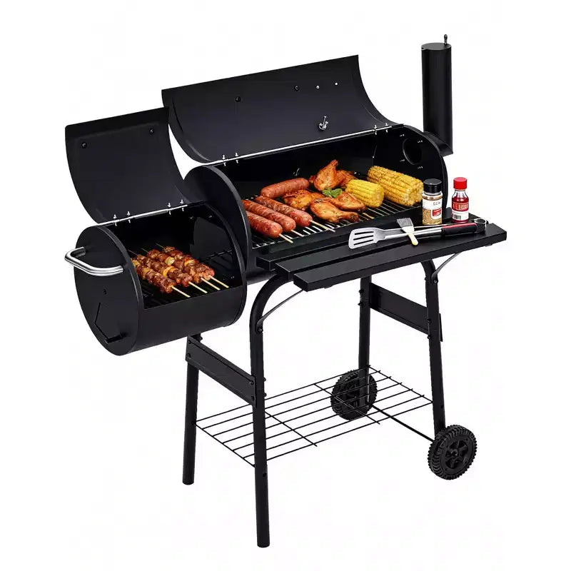 BBQ Charcoal Grill with Offest Smokers, Outdoor Barbecue Smoker Grill Combo with Wheels, Barrel Grill for Backyard Patio Camping Picnic and Party