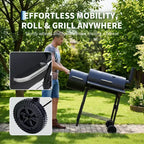 Barbecue au Charbon de Bois avec Fumeurs Déportés, Combo Barbecue Fumeur d'Extérieur avec Roues, Barbecue Tonneau pour Jardin, Patio, Camping, Pique-nique et Fête