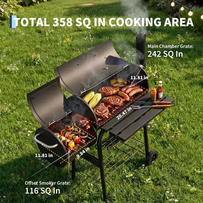 Barbecue au Charbon de Bois avec Fumeurs Déportés, Combo Barbecue Fumeur d'Extérieur avec Roues, Barbecue Tonneau pour Jardin, Patio, Camping, Pique-nique et Fête