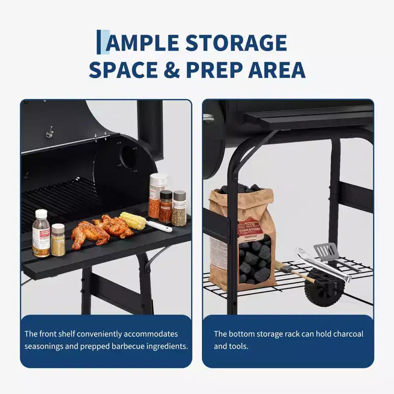Barbecue au Charbon de Bois avec Fumeurs Déportés, Combo Barbecue Fumeur d'Extérieur avec Roues, Barbecue Tonneau pour Jardin, Patio, Camping, Pique-nique et Fête