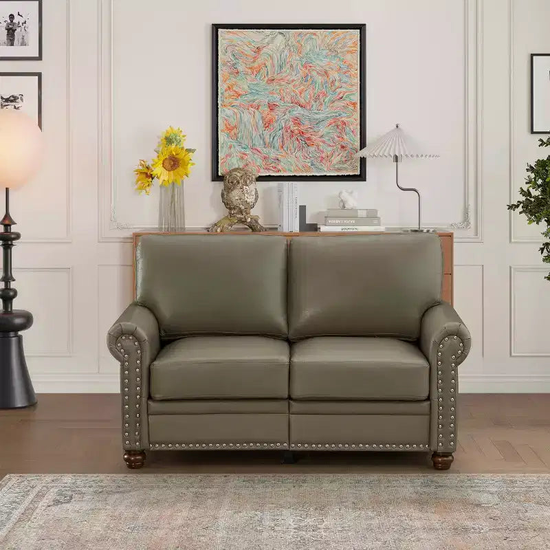 MAYEERTY Smooth PU Upholsterey Sofa with Sliver Nail Decor 2 Removable Under-Seat Storage Boxes for Living Room Gray