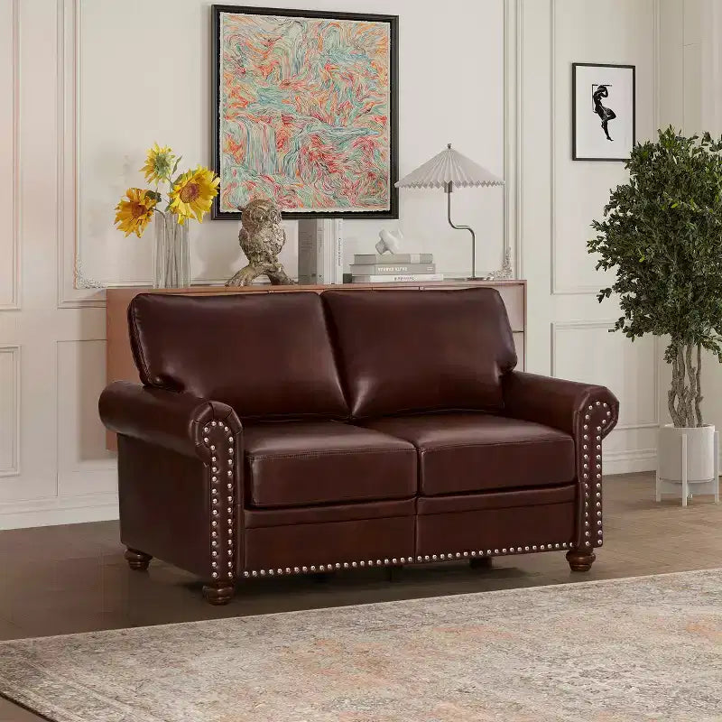 MAYEERTY Smooth PU Upholsterey Sofa with Sliver Nail Decor 2 Removable Under-Seat Storage Boxes for Living Room Brown