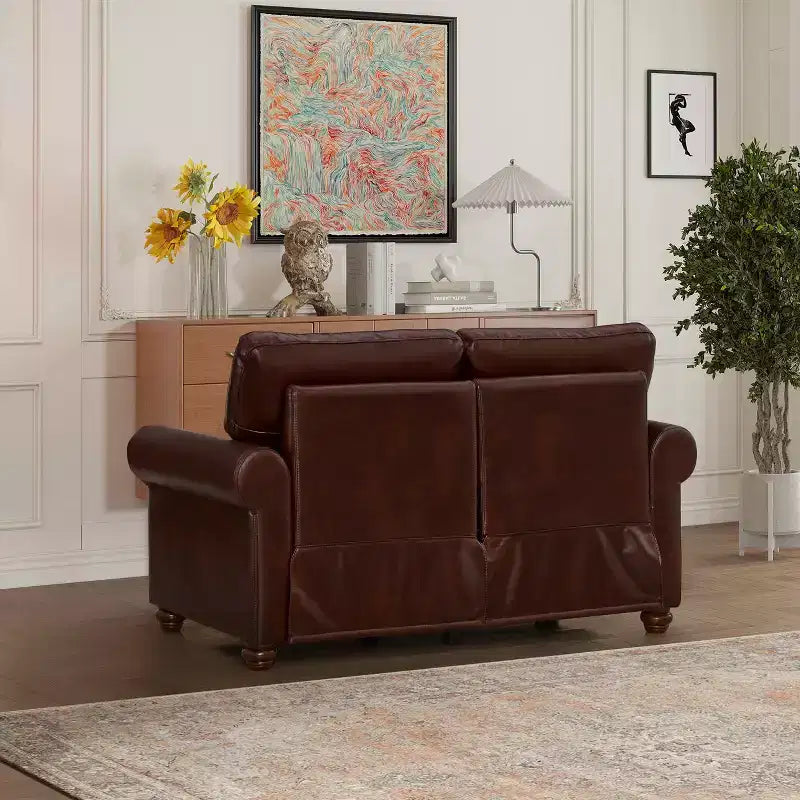 MAYEERTY Smooth PU Upholsterey Sofa with Sliver Nail Decor 2 Removable Under-Seat Storage Boxes for Living Room Brown
